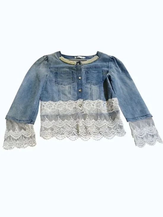WTY Blue Jean Jacket with Faux Pearls and Lace/Crochet Cuffs & Hem - EUC - Picture 10 of 12